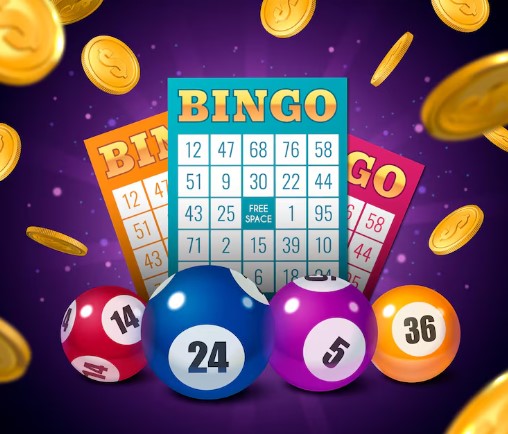 Purple bingo artwork with balls 14, 24, 5, and 36